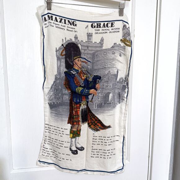 Vtg Lamont Irish linen tea towel, Amazing Grace, Royal Scots Dragoon Guards - Picture 1 of 7